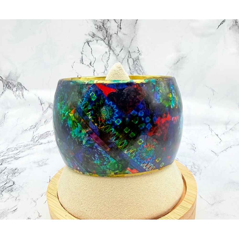 Wide Multicolor Bangle Bracelet Abstract Floral Pattern Gold Tone Interior